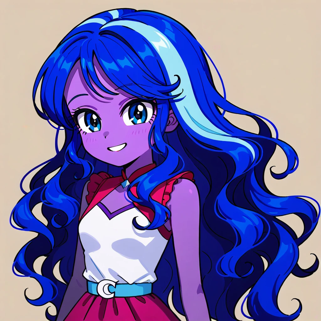 very dark purple skin, voluminous slightly wavy hair, blue hair, Blue eyes, Equestria girls, without bangs, smile. Sleeveless burgundy dress.