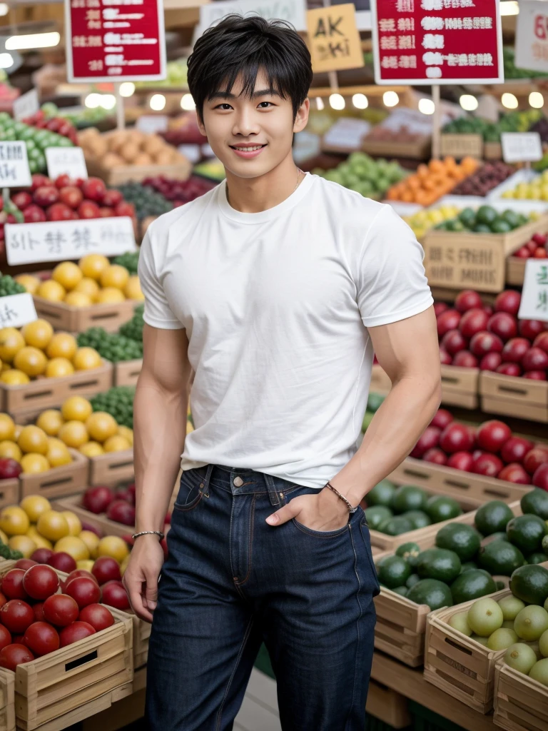 Fruit display In the background, market, market display In the background, vegetable display In the background, very hairy armpits, hairy pubic, hairy crotch, hairy body, In the charming picture there is a handsome Chinese boy with his big bulge, muscular body, background in the sky has big bold sun, His charm radiated as he proudly showed off his sweaty very hairy armpits in a full standing pose.. He wore a white sexy thong, that highlighted his figure, He stood in the middle of the crowded traditional market environment., Bathed in the golden light of a beautiful day. With unparalleled attention to detail., This photorealistic portrait combines the style of National Geographic., Capture every detail of his textured skin in 8k resolution. Leica digital SLR camera. His features were clearly visible., From the deep-set eyes to the chiselled jawline., Make this image a true masterpiece..Lift. (8K UHD、RAW Photography、Photorealistic Portrait Leica Digital SLR、Lifelike images), big bulge in his very thin thong , ((sitting on fruit))