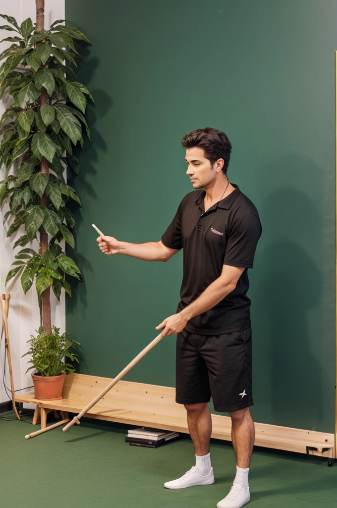 Man teaching with a stick on a green board