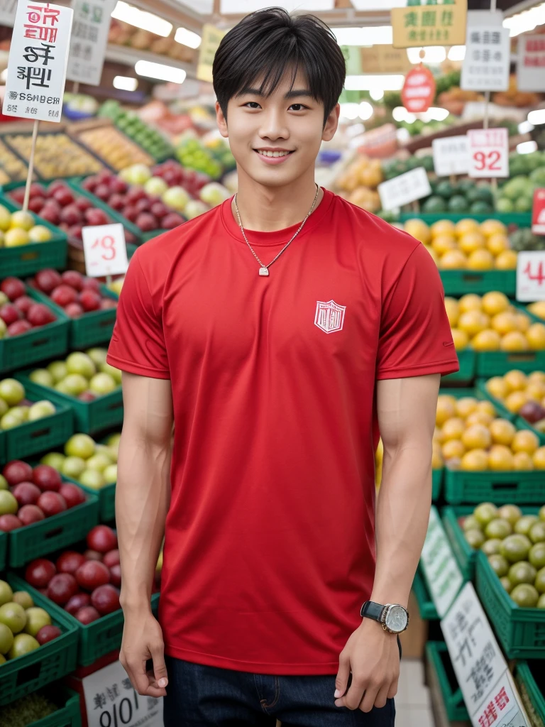 独奏: 1.5, (As a matter of fact, Masterpiece, 8k HD, good light quality, sportswear, fit the face, complicated details), A handsome Korean young man with muscular arms. , 20 years old, be happy, smile brightly, detailed face, delicate eyes, look at the sky, Wear a tight red t-shirt.:1.6 ,Wear a denim coat., jeans period, black eyes, Black hair color, ผมsmooth, smooth,Surreal,Awesome details,Highest quality,real,Open your mouth to talk. , Close your eyes., (Standing at the fresh market:1.5)
