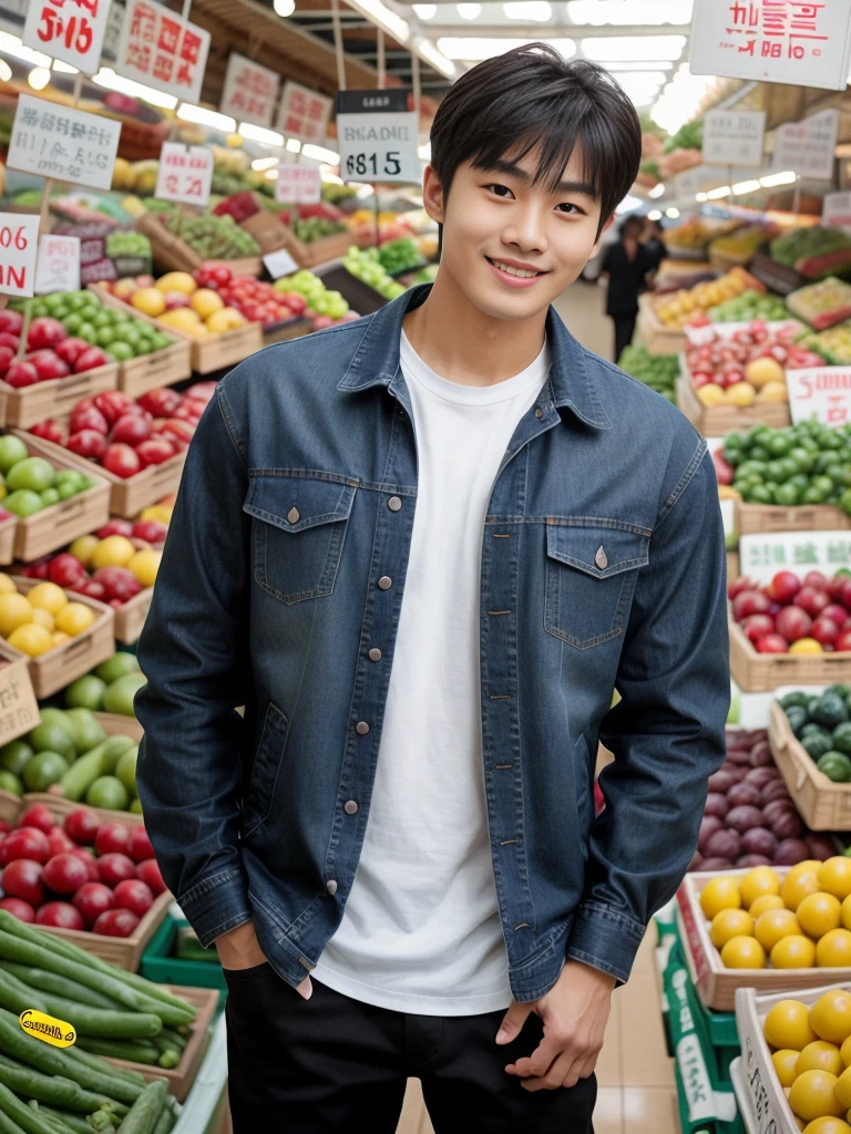 独奏: 1.5, (As a matter of fact, Masterpiece, 8k HD, good light quality, sportswear, fit the face, complicated details), A handsome Korean young man with muscular arms. , 20 years old, be happy, smile brightly, detailed face, delicate eyes, look at the sky, Wear a tight red t-shirt.:1.6 ,Wear a denim coat., jeans period, black eyes, Black hair color, ผมsmooth, smooth,Surreal,Awesome details,Highest quality,real,Open your mouth to talk. , Close your eyes., (Standing at the fresh market:1.5)