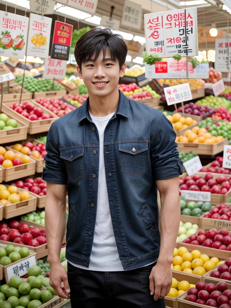 独奏: 1.5, (As a matter of fact, Masterpiece, 8k HD, good light quality, sportswear, fit the face, complicated details), A handsome Korean young man with muscular arms. , 20 years old, be happy, smile brightly, detailed face, delicate eyes, look at the sky, Wear a tight red t-shirt.:1.6 ,Wear a denim coat., jeans period, black eyes, Black hair color, ผมsmooth, smooth，Surreal，Awesome details，Highest quality，real，Open your mouth to talk. , Close your eyes., (Standing at the fresh market:1.5)