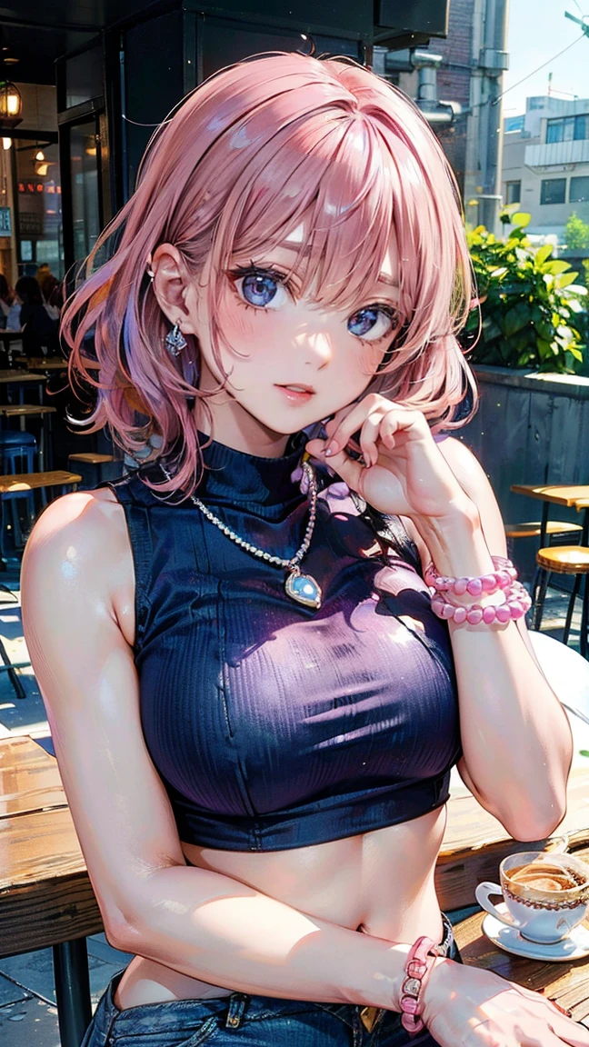 (Masterpiece, BestQuality:1.3), (ultra detailed:1.2), (hyperrealistic:1.3), (RAW photo:1.2), High detail RAW color photo, professional photograph, (Photorealistic:1.4), (realistic:1.4), (Pink Hair:1.5), professional lighting, perfect anatomy, (Big Breasts:1.2), (blush, detailed face), (cheerful Smile:1.5), Trending Hair&Trending Hairカラーをランダムに, earrings, necklace, bracelet, sexly, erotic sexly, Random sexy gravure poses, (Elegant beautiful woman wearing lavender purple crop top and denim skirt、Smiling on the cafe terrace、Pearl Bracelet、Elbow on table pose。:1.3)