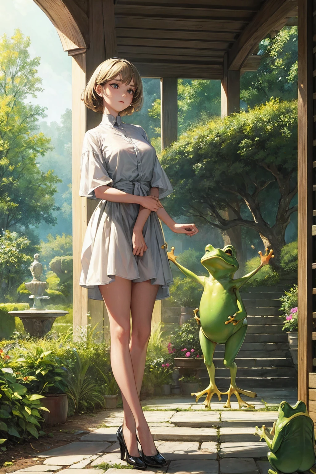 Masterpiece,stunning realistic, best quality, sharpness, 1 boy,human frog,frog head,big eyes,standing in a garden,long arms