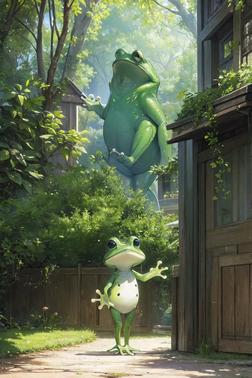 Masterpiece,stunning realistic, best quality, sharpness, 1 boy,human frog,frog head,big eyes,standing in a garden,long arms