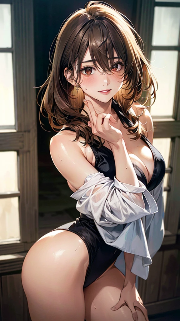 (masterpiece:1.3, Highest quality, Ultra-high resolution, Very detailed), (Realistic, photoRealistic:1.4), Beautiful illustrations, Perfect lighting, Natural light, colorful, Written boundary depth, NFSW,
View your audience, (throw, Close-up shot), 1 Girl, Japanese, high school girl, Perfect Face, Cute and symmetrical face, Shiny skin, Sunburned skin,
(Bob Hair:1.5, Half Up:1.5, Light brown hair), Hair between the eyes, Brown eyes, (Large Breasts, seductive Thighs, Big Ass), Thighs, Total, Sweaty,
Beautiful Hair, Beautiful Face, Beautiful attention to detail, Beautiful clavicle, Beautiful body, Beautiful breasts, 美しいThighs, Beautiful legs, Beautiful fingers,
((Sexy clothes)),
(Beautiful views), (Sexy pose, Dynamic pose,), (Captivating smile, Upward glance, Release your lips),