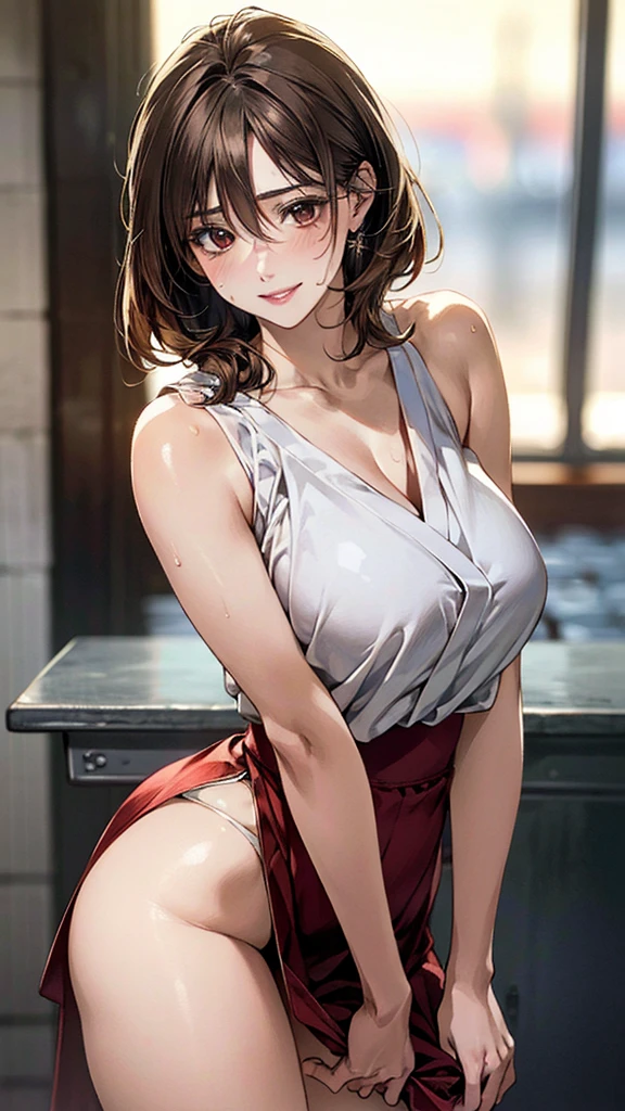 (masterpiece:1.3, Highest quality, Ultra-high resolution, Very detailed), (Realistic, photoRealistic:1.4), Beautiful illustrations, Perfect lighting, Natural light, colorful, Written boundary depth, NFSW,
View your audience, (throw, Close-up shot), 1 Girl, Japanese, high school girl, Perfect Face, Cute and symmetrical face, Shiny skin, Sunburned skin,
(Bob Hair:1.5, Half Up:1.5, Light brown hair), Hair between the eyes, Brown eyes, (Large Breasts, seductive Thighs, Big Ass), Thighs, Total, Sweaty,
Beautiful Hair, Beautiful Face, Beautiful attention to detail, Beautiful clavicle, Beautiful body, Beautiful breasts, 美しいThighs, Beautiful legs, Beautiful fingers,
((Sexy clothes)),
(Beautiful views), (Sexy pose, Dynamic pose,), (Captivating smile, Upward glance, Release your lips),
