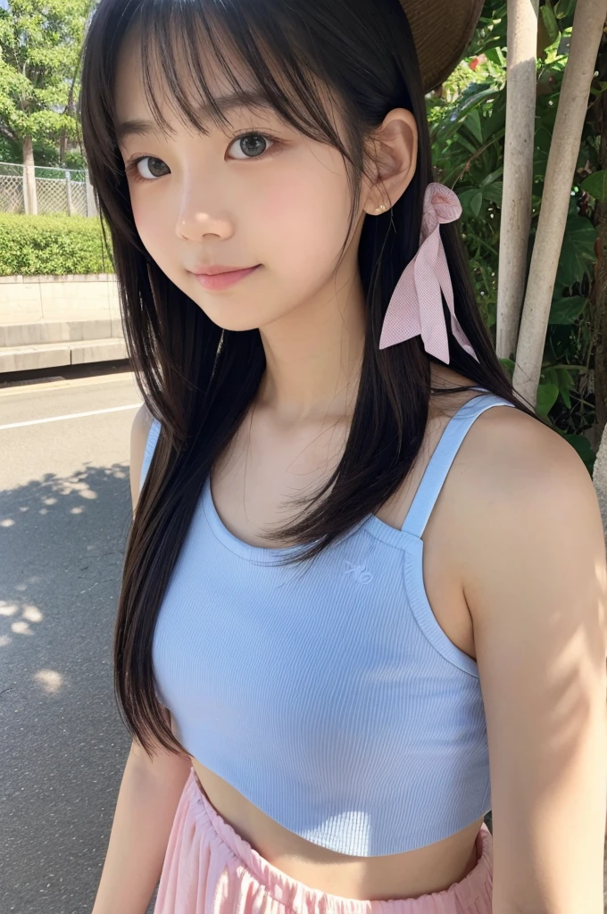 ((Ultra-high resolution)),8K,17 years old、Leaning forward to reveal cleavage、Small breasts, , Twin tails, Navy blue mini skirt, Pink polo shirt、Small cleavage 2:1,Idol Sculpture, Wet, smile、Blue Wall、sexy、slender、Shapely small breasts、I can see your thighs、
