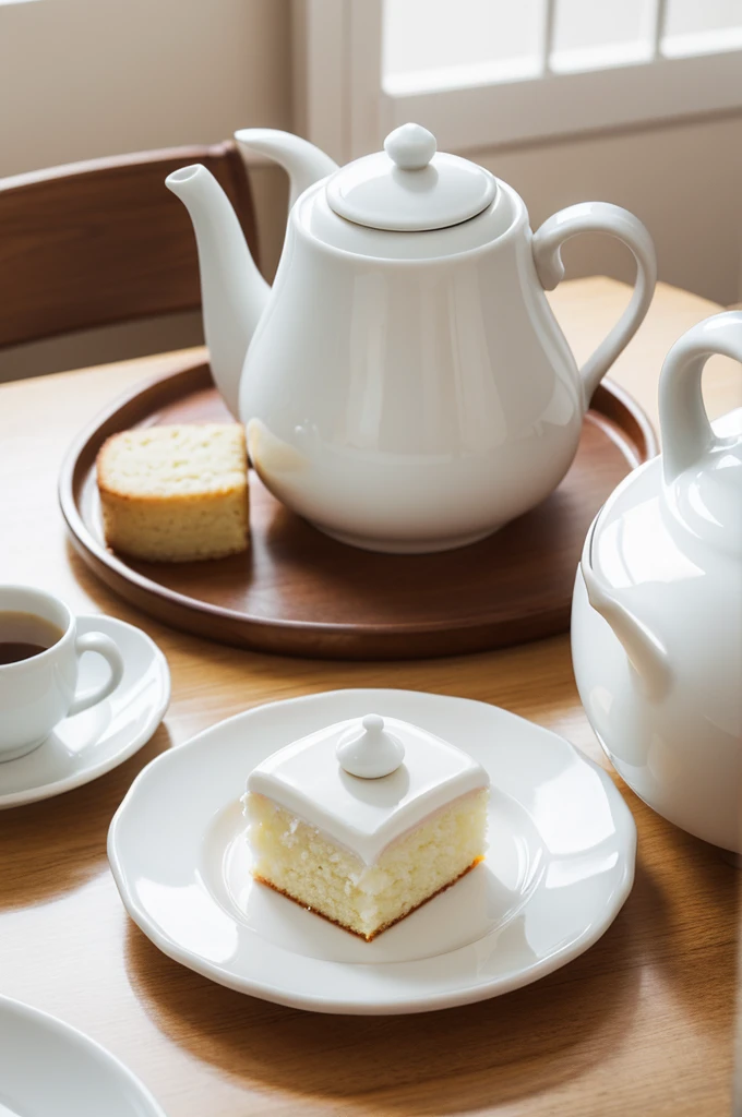 A white plate on the table，There are cakes on the plate，There is a small teapot on the table.，HD Photography，Depth of Field，Ultra-clear，Close Range。