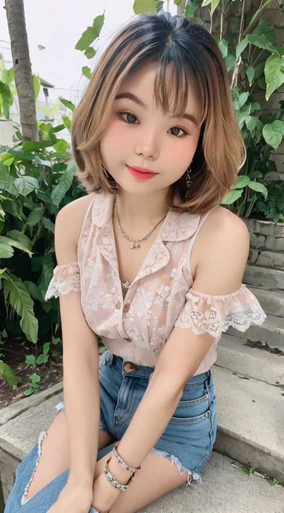 Portrait in girlish casual style for spring and summer。The model has fluffy curled bangs and light brown short hair.。She wears a white lace top、Denim miniskirt、Wearing pink sandals。Accessories include floral hair clips and beaded bracelets。