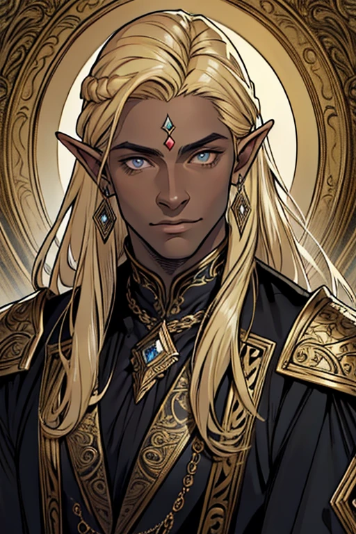 (masterpiece),(Very detailed),(Very detailed),(best quality), lineart, one elves man, lord, ((portrait)) tall, ((golden hair)), visage marqué par l'expérience. ((midnight black blue skin)), stunning, golden eyes, fantasy, beautiful face, animated style, perfect face, highest detail, stubble, detailed face, clothes, intricate details, fantasy background, expressionless, solo,