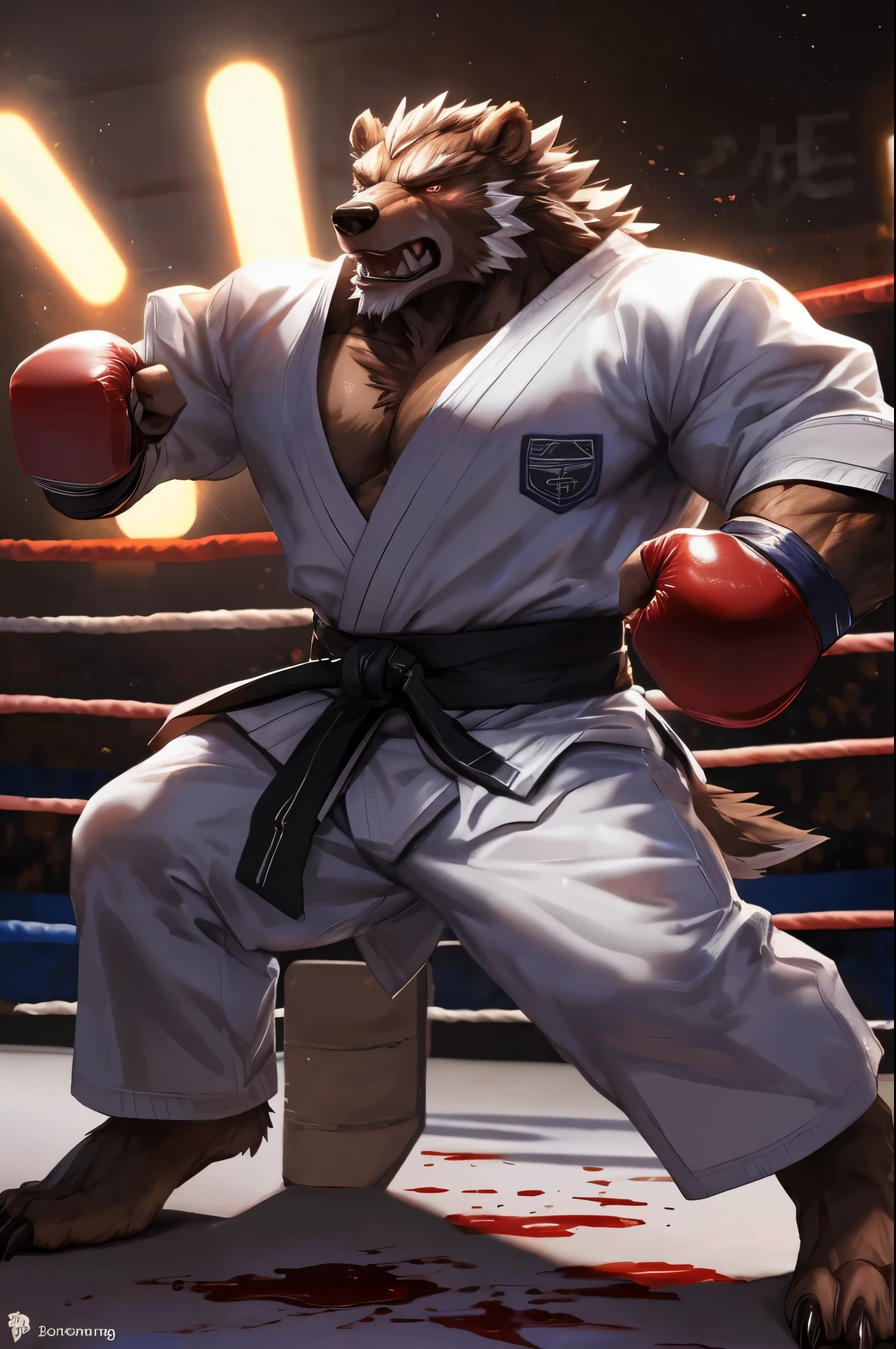 Semirealistic:1.3, lindong, Zoroj, 1boy, solo, muscular old man (furry grizzly bear) (bleeding, blood on body), ((fighting arena)), huge muscular, short hair, wearing karate uniform, (cinematic light vfx background), dark background