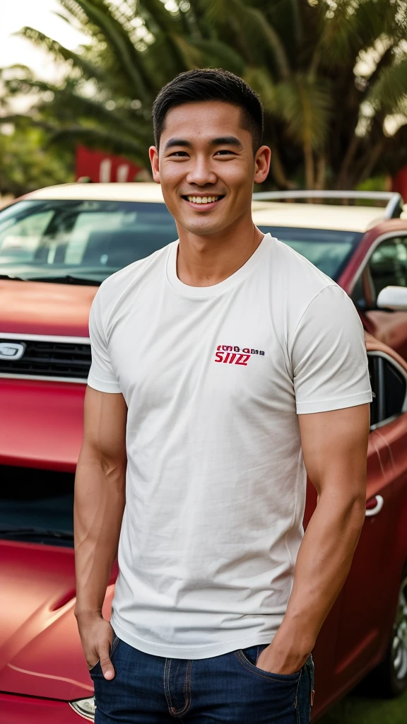 Thai man ,man,He is about 30 years old..,Rough and handsome appearance,large breastsj,Big waistline,buzz cut, angry, sullen, best quality, Masterpiece,(Have muscles:4.5),(best quality,high resolution,Masterpiece:1.2),The eyes are natural and delicate..,1 person,alone,gay asian,muscle,Long legs,brave,short hair details,conjunctivitis ,strong,brown eyes, (outdoor background car :1.5),in the market,sit (red and white t-shirt:1.3),Jeans ,smile
