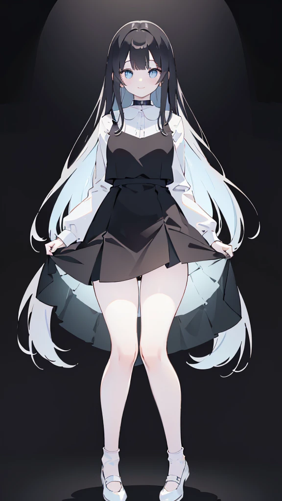 masterpiece, 8K, Detailed face, best quality, Must be created as described, (1 girl, alone, 20 years old, 158cm), (Black hair, long hair, Straight Hair, Bangs), (innocent, Big blue eyes like diamonds), (fair skin, thin waist, long legs), (Wearing a simple pure white dress, Skirt length to thigh), (black briefs, Low waist style), (Wear white socks), (Show your thighs, Show your arms), (Has black leather collar), (The expression looks shy, but with a smile), (light black background, Full body portrait, Stand Up Straight, symmetry)