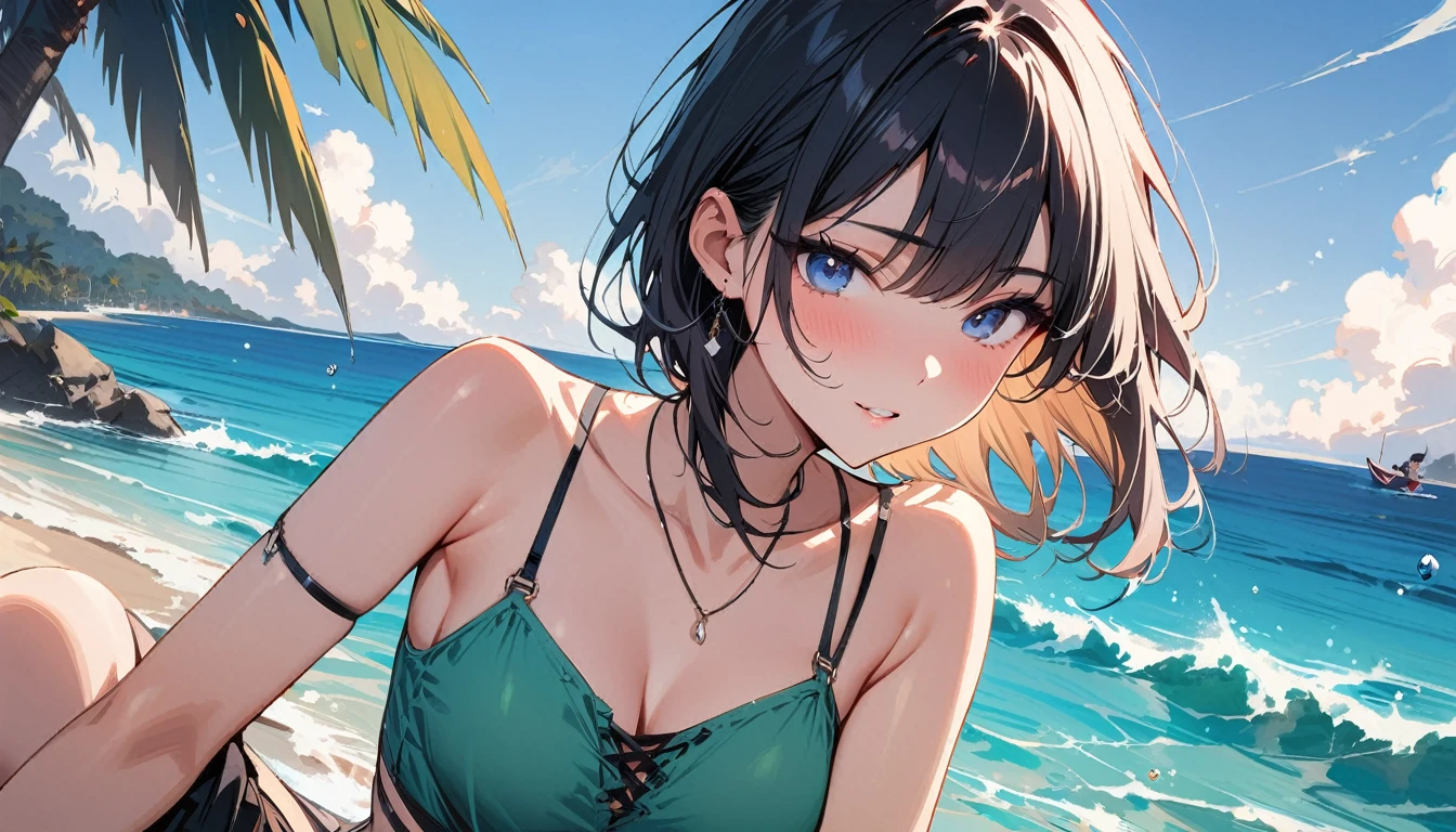 (anime screencap:1.2), (best quality, ultra-detailed, paintings, studio lighting, vivid colors, beautiful detailed eyes, beautiful detailed lips, (1 cute girls:1.5), 20 years old, medium breasts, black bob cut hair, (colorful eyes), (accessories), colorful bikinis, summer fun, beach side scene, (playful poses), joyful expressions, colorful background, warm sunlight, soft shadows, ((lying)), ((from above)), smile, (blush), looking away, up arms, 