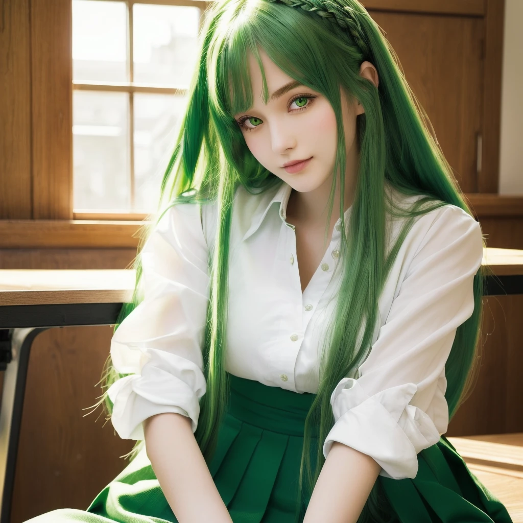 Close-up of a green haired woman sitting at a table, Reality Girls, Flowing green hair, Long Hair, White shirt and green skirt, realistic young girl, Attractive girl, Long Hairの, Photorealistic, Beautiful school girl, Long Green Hair, Surreal 