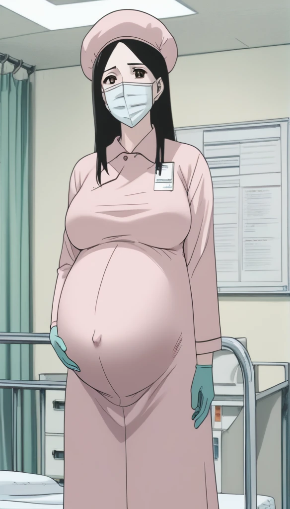 score_9, score_8_up, score_7_up, source_anime, raw image, masterpiece, highest quality, natural light, patient room background, kasuganoray, good shape, pale skin, shy eyes, big breasts, scrubs, surgical mask, bouffant cap, long sleeve hospital gown,
1girl, pregnant, solo, rubber gloves, looking down, furrowed brow, hospital bed, standing, even though she's pregnant she has a good figure,