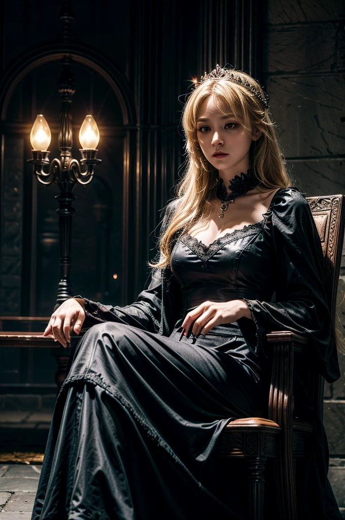 1girl, black dress, holding wineglass, sitting on a royla throne, throneroom, blonde hair, long hair, dusk, midnight, moonlight reflection, from below, air of superiority