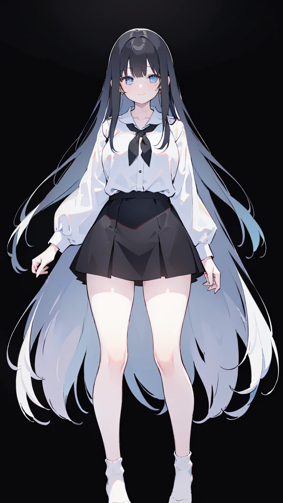 masterpiece, 8K, Detailed face, best quality, Must be created as described, (1 girl, alone, 20 years old, 158cm), (Black hair, long hair, Straight Hair, Bangs), (innocent, Big blue eyes like diamonds), (fair skin, thin waist, long legs), (Wearing a simple white shirt, Shirt length to thigh), (Black panties, briefs, Low waist style, Show your thighs), (Wear white socks), (Has black leather collar), (The expression looks shy, but with a smile), (light black background, Full body portrait, Stand Up Straight, symmetry)