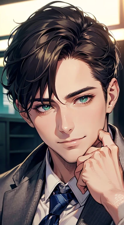 (Highest quality,4K,8K,High resolution,masterpiece:1.2),Super detailed,(Realistic,photoRealistic,photo-Realistic:1.37),1 person,34 years old,Mature Men,Beautiful skin、very handsome,Expressionless smile in love,Short dark blue hair,green eyes,Sharp Eyes,A perfect face without a doubt,Businessman,Office Background,Cinema Lighting,HDR image,tie、