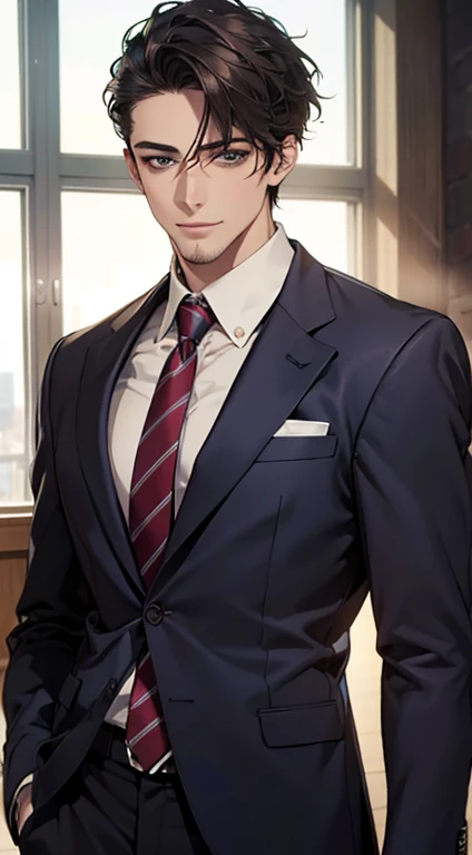 (Highest quality,4K,8K,High resolution,masterpiece:1.2),Super detailed,(Realistic,photoRealistic,photo-Realistic:1.37),1 person,34 years old,Mature Men,Beautiful skin、very handsome,Expressionless smile in love,Short dark blue hair,green eyes,Sharp Eyes,A perfect face without a doubt,Businessman,Office Background,Cinema Lighting,HDR image,tie、