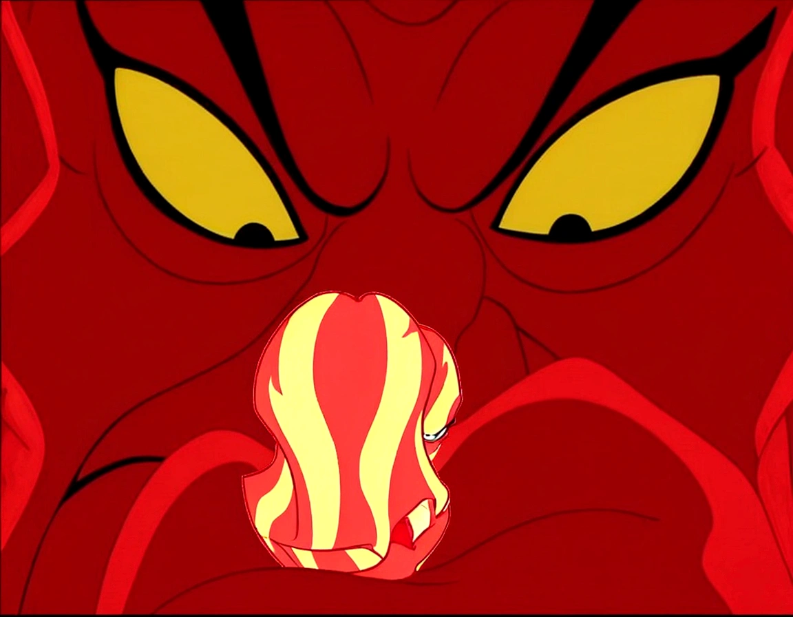 a close up of a cartoon demon with yellow eyes and a red nose, villain wearing a red oni mask, oni, evil looking, cinnabar, oni horns, cacodemon, devil, devious evil expression, mustafar, fire demon, oni mask, evil god, satoshi - kon, giesha demon, menacing look, devilman