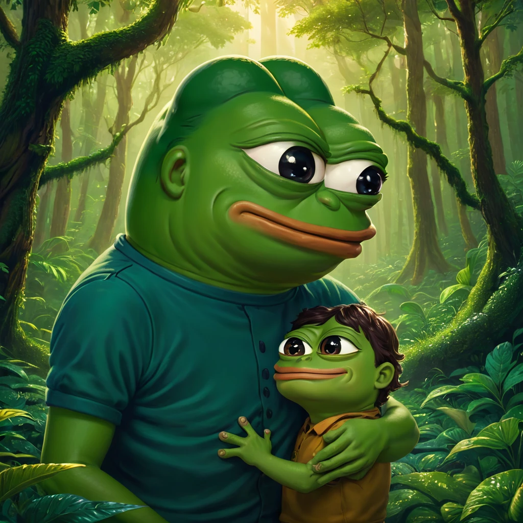 A father and son Pepe the frog, highly detailed, 3d render, digital illustration, vibrant colors, dynamic lighting, photorealistic, intricate details, lush green forest background, cute and whimsical, warm color palette, masterful rendering, epic scale, striking composition