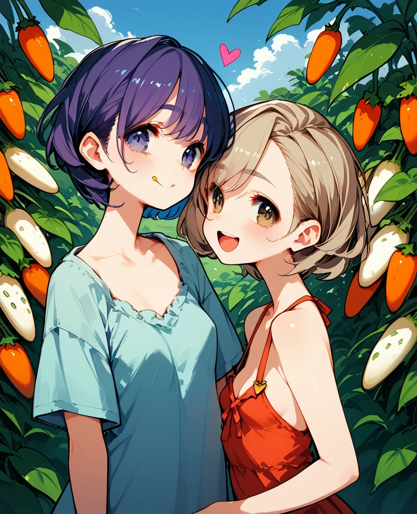Two girl, masterpiece, Ellie Joe, short black hair with red highlights, red, mocking eyes, standing, glowing skin, navel, nipples, big breasts, naked, smile, looking at viewer, tree , (from bottom: 1,2), cinematic lighting,