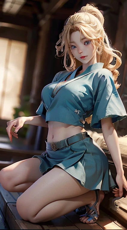 Full body Japanese anime style photo of light skinned woman, Beautiful blue eyes full of light and beautiful details, curvy chubby body, long legs, beautiful and stunning.
She is blonde and her hair is long, vibrant, soft, Ablaze, your lips and cheeks are rosy.
She wears a short skirt with her legs exposed, a saia é de pregas rodada é translúcido e iridescente de cor azul com detalhes dourados Ablazes. She also wears a top with an underboob style neckline with her belly exposed..
Camera captures the entire body from head to toe, her back making a movement with her body turning towards the camera and looking at the camera, the movement makes your skirt and hair lift a little in the wind breeze.
Background scene is in the city of ancient Japan.
((best qualityer)), ((work of art)), (detailded:1.4), 3d, hdr (high-range dynamics),ray tracing,nvidia RTX,Super-resolution,Irreal 5,underground dispersal,PBR Texturing,Post-processing,Anisotropic filtering,Depth of field,Maximum clarity and sharpness,Multilayer textures,Albedo and Specular Maps,Surface shading,Accurate simulation of light-material interaction,perfect proportions,octane rendering,Two-tone lighting,large aperture,Low ISO,White balance,rule of thirds,8K CRU.