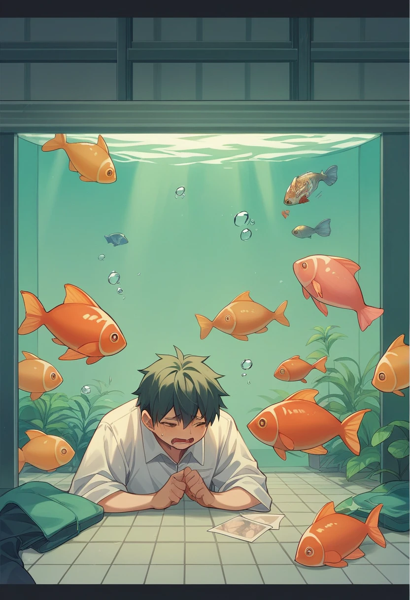 A large number of people are drowning in an indoor aquarium、A person is drowning in a tank filled with giant goldfish with limbs.々Looking at、photo、photoリアリスティック、Surreal、