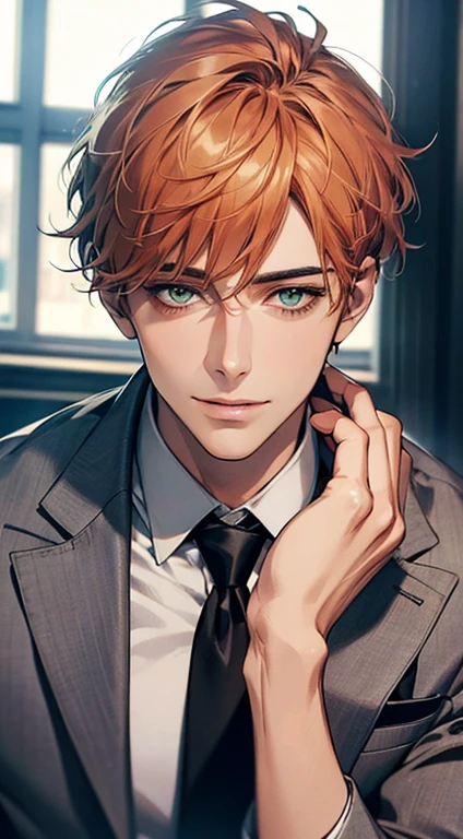 (Highest quality,4K,8K,High resolution,masterpiece:1.2),Super detailed,(Realistic,photoRealistic,photo-Realistic:1.37),1 person,31 years old,Mature Men,Beautiful skin、very handsome,Expressionless smile in love,Short orange hair,green eyes,Sharp Eyes,A perfect face without a doubt,Businessman,Office Background,Cinema Lighting,HDR image,tie、