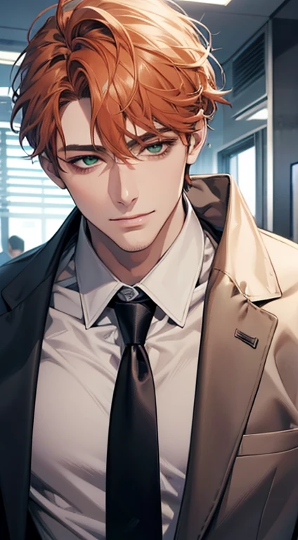 (Highest quality,4K,8K,High resolution,masterpiece:1.2),Super detailed,(Realistic,photoRealistic,photo-Realistic:1.37),1 person,31 years old,Mature Men,Beautiful skin、very handsome,Expressionless smile in love,Short  orange hair,green eyes,Sharp Eyes,A perfect face without a doubt,Businessman,Office Background,Cinema Lighting,HDR image,tie、