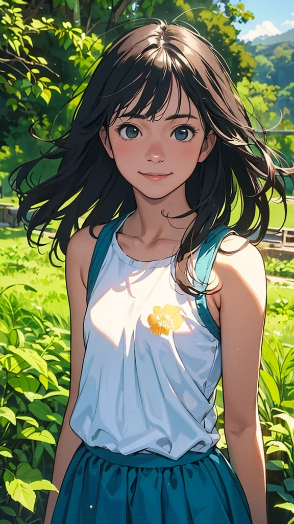 a girl in a garden, beautiful detailed eyes, beautiful detailed lips, extremely detailed eyes and face, long eyelashes, beautiful girl, photorealistic, 8k, highres, masterpiece, ultra-detailed, realistic, photo-realistic, HDR, UHD, studio lighting, ultra-fine painting, sharp focus, physically-based rendering, extreme detail description, professional, vivid colors, bokeh, portraits, colorful, mini skirt, glowing skin, natural beauty, smile, bangs, straight hair, soft and flowing hair, rural scenery, nostalgic atmosphere, playful and carefree, innocent attitude, sunny atmosphere, skirt fluttered in the wind, belly button exposed, beautiful eyes, tank top, sensual