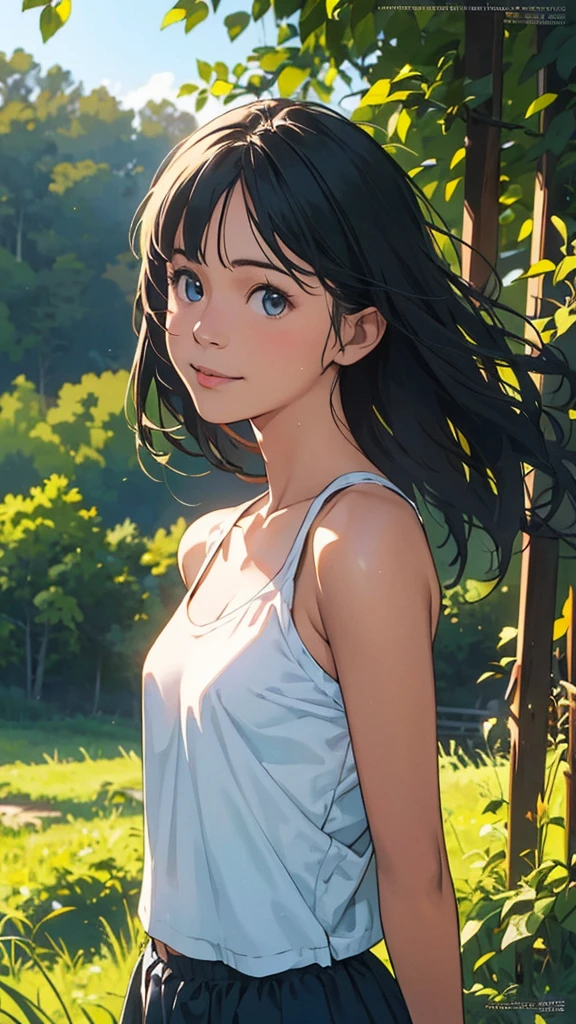 A beautiful girl in a lush garden, (best quality,8k,highres,masterpiece:1.2),ultra-detailed,(realistic,photorealistic,photo-realistic:1.37), official art, illustrations that tell a story, body positivity, dynamic expression, perfect anatomy:1.5, perfect beauty, perfect beautiful face, strong winds, a rich expression, dynamic composition, smile, golden ratio composition, colorful, anime art, mini skirt, overcoming stereotypes, glowing skin, natural beauty, smile, bangs, straight hair, soft and flowing hair, rural scenery, nostalgic atmosphere, playful and carefree, more ethnic characters, innocent attitude, sunny atmosphere, skirt fluttered by the wind, belly button exposed, beautiful eyes, tank top, sensuous, geometric pattern, creative angles