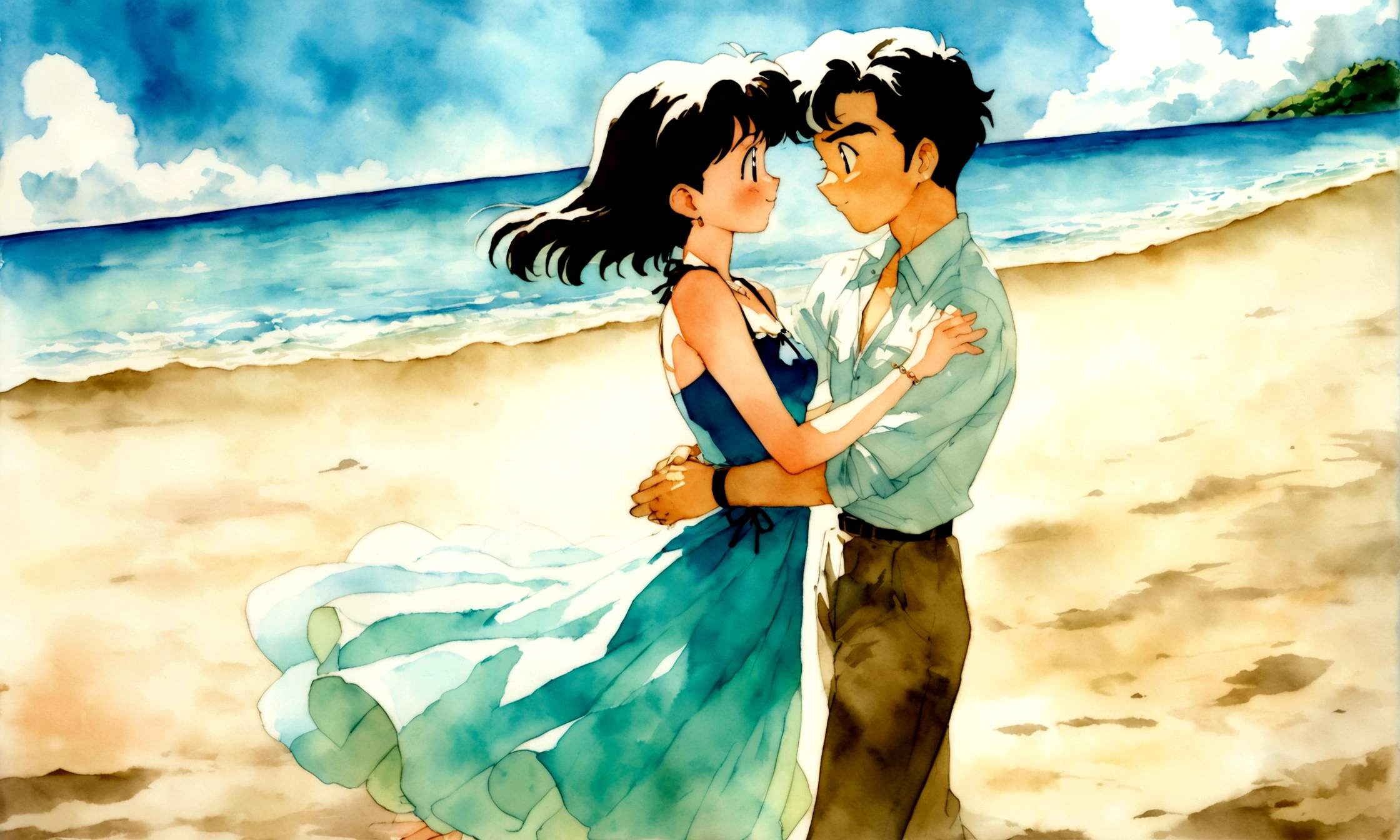 [Vintage Men&#39;s and Women&#39;s], Ancient Anime, 1980s \(style\), 1990s \(style\), watercolor \(middle\), , ((Highest quality)), ((masterpiece)), [Detailed], [Anime and manga images], [Women have small breasts], blue sky、Couple dancing on the beach１Only groups、Swimwear