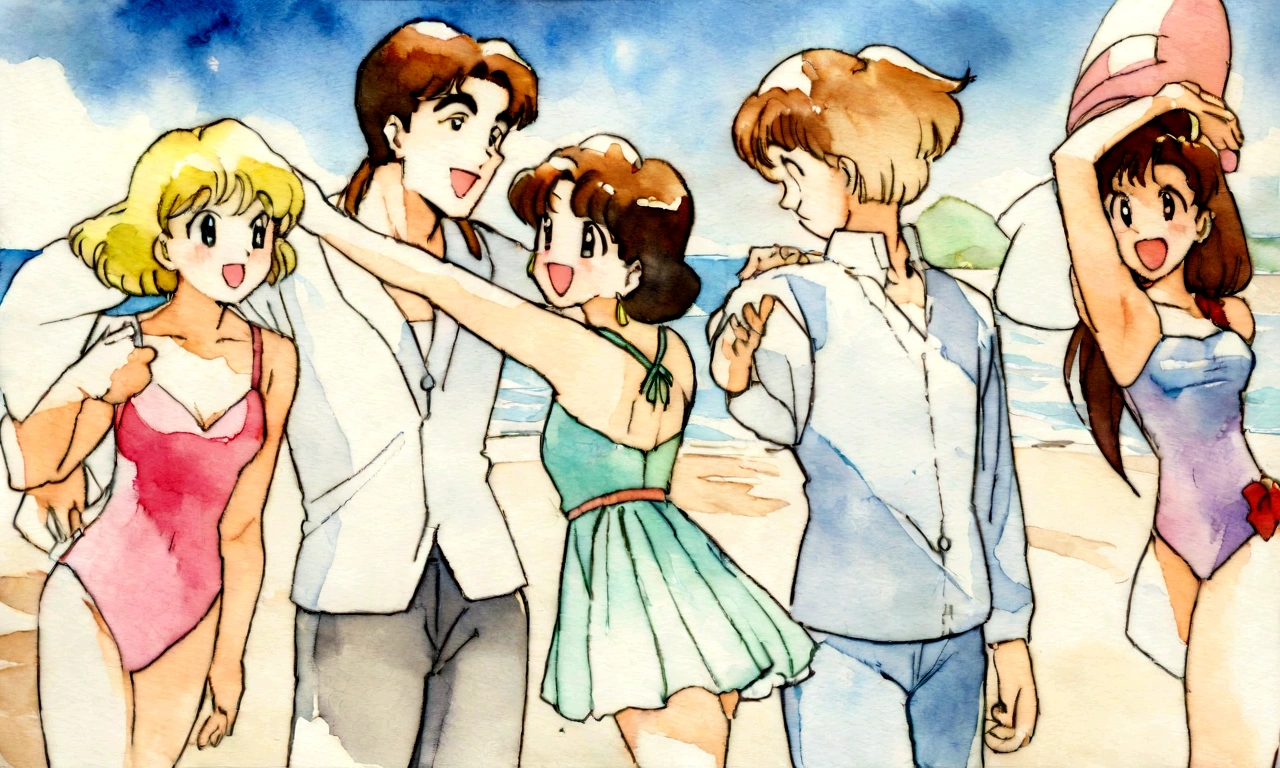 [Vintage Men&#39;s and Women&#39;s], Ancient Anime, 1980s \(style\), 1990s \(style\), watercolor \(middle\), , ((Highest quality)), ((masterpiece)), [Detailed], [Anime and manga images], [Women have small breasts], blue sky、Couple dancing on the beach１Only groups、Swimwear