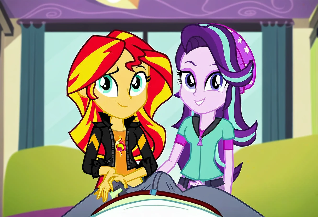explicit, score_9, equestria_girls, cartoon, sunset_shimmer, starlight_glimmer, duo male, two girls and male pov, female, male, male pov, bulge_in_male_briefs, offscreen character, pov, straight, undressing, zipper, unzipping, open_fly, belt, show accurate, vector