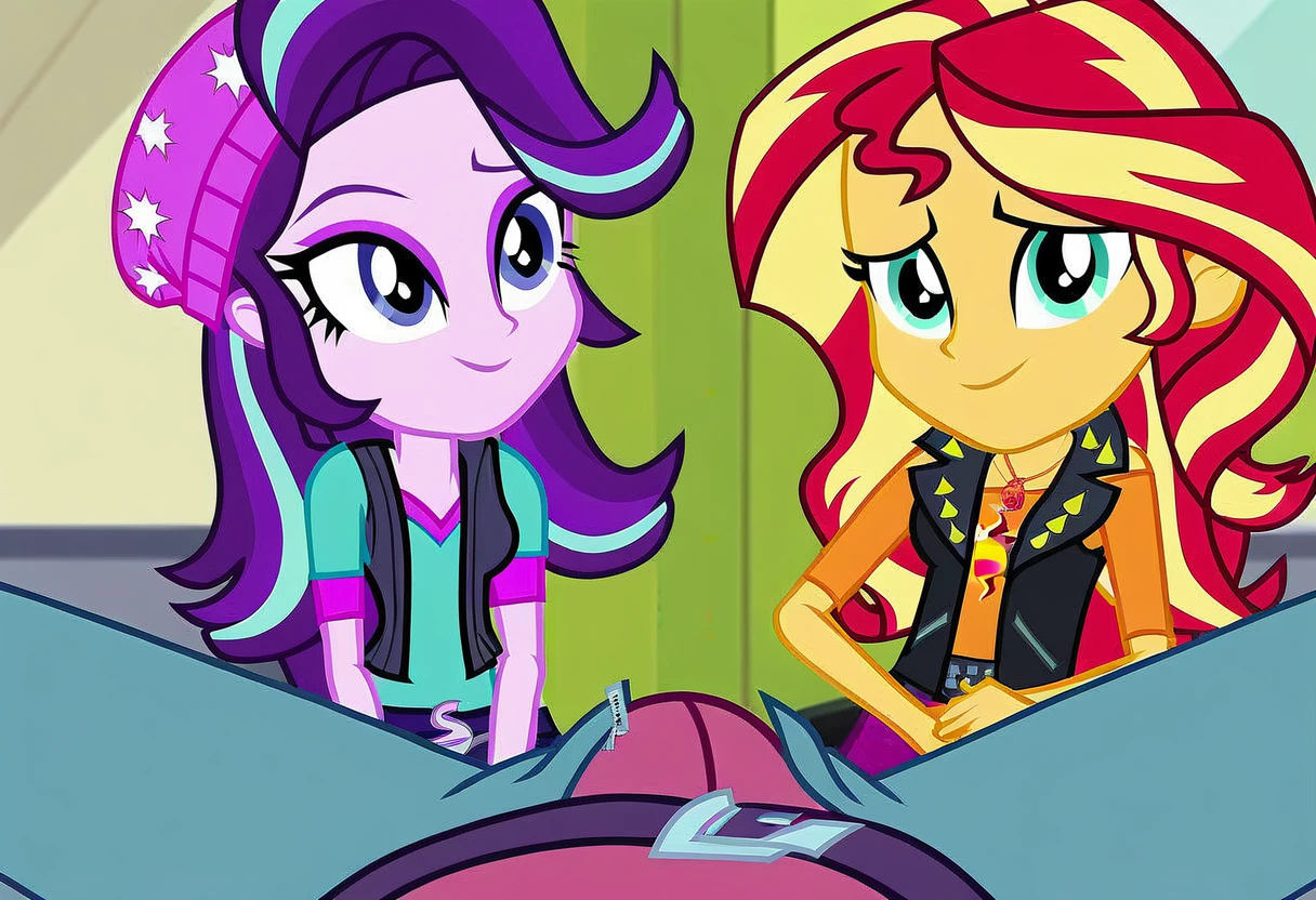 explicit, score_9, equestria_girls, cartoon, sunset_shimmer, starlight_glimmer, duo male, two girls and male pov, female, male, male pov, bulge_in_male_briefs, offscreen character, pov, straight, undressing, zipper, unzipping, open_fly, belt, show accurate, vector