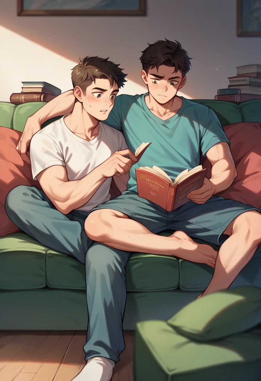 2 teenage boys 15 years old, 1 guy sitting on the couch, 2 guy sitting near the sofa and reading a book, while it&#39;s raining outside