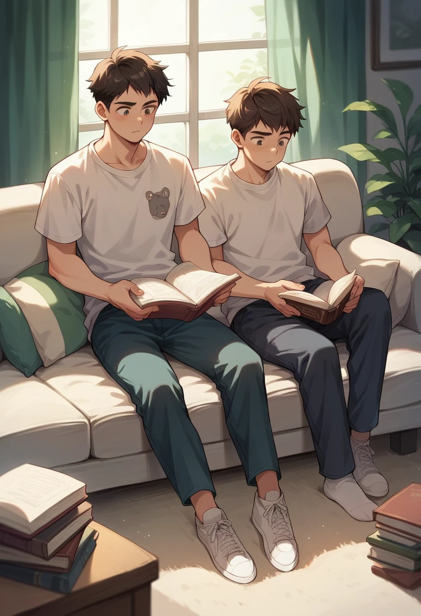 2 age boys 15 yguy sitting on the couch, 2 guy sitting near the sofa and reading a book, while it's raining outside