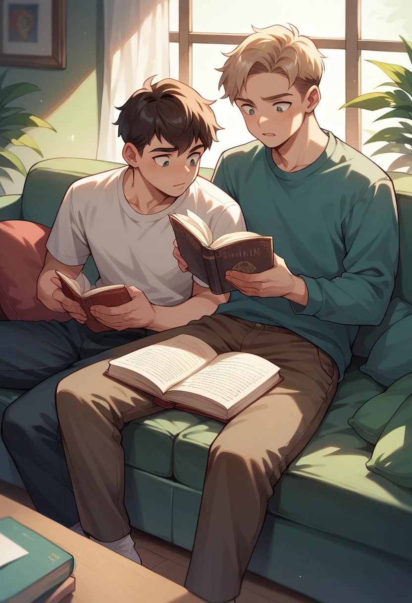 2 boys 15 year sitting on the couch, 2 guy sitting near the sofa and reading a book, while it's raining outside