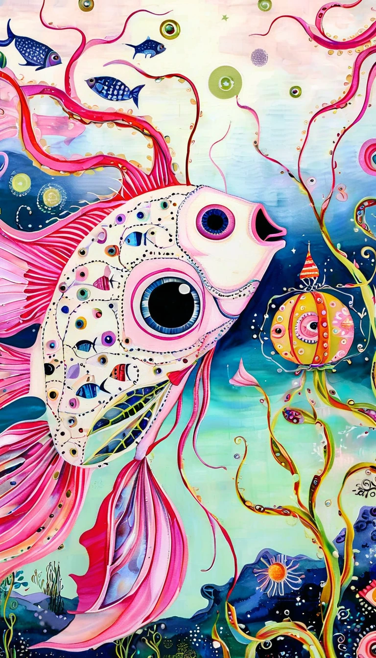 Light pink fish in the birdcage,plant,Tentacles,Eye、Starry Sky,Stitching together an abstract painting,Describing the inner world of autistic people,Sense of space,White Space,interesting,Innocence,Psychedelic Art,Pink theme