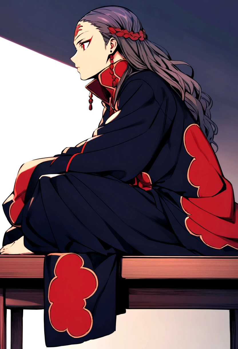 itachi uchia, in akatsuki clothes, sitting on desk and table, side profile