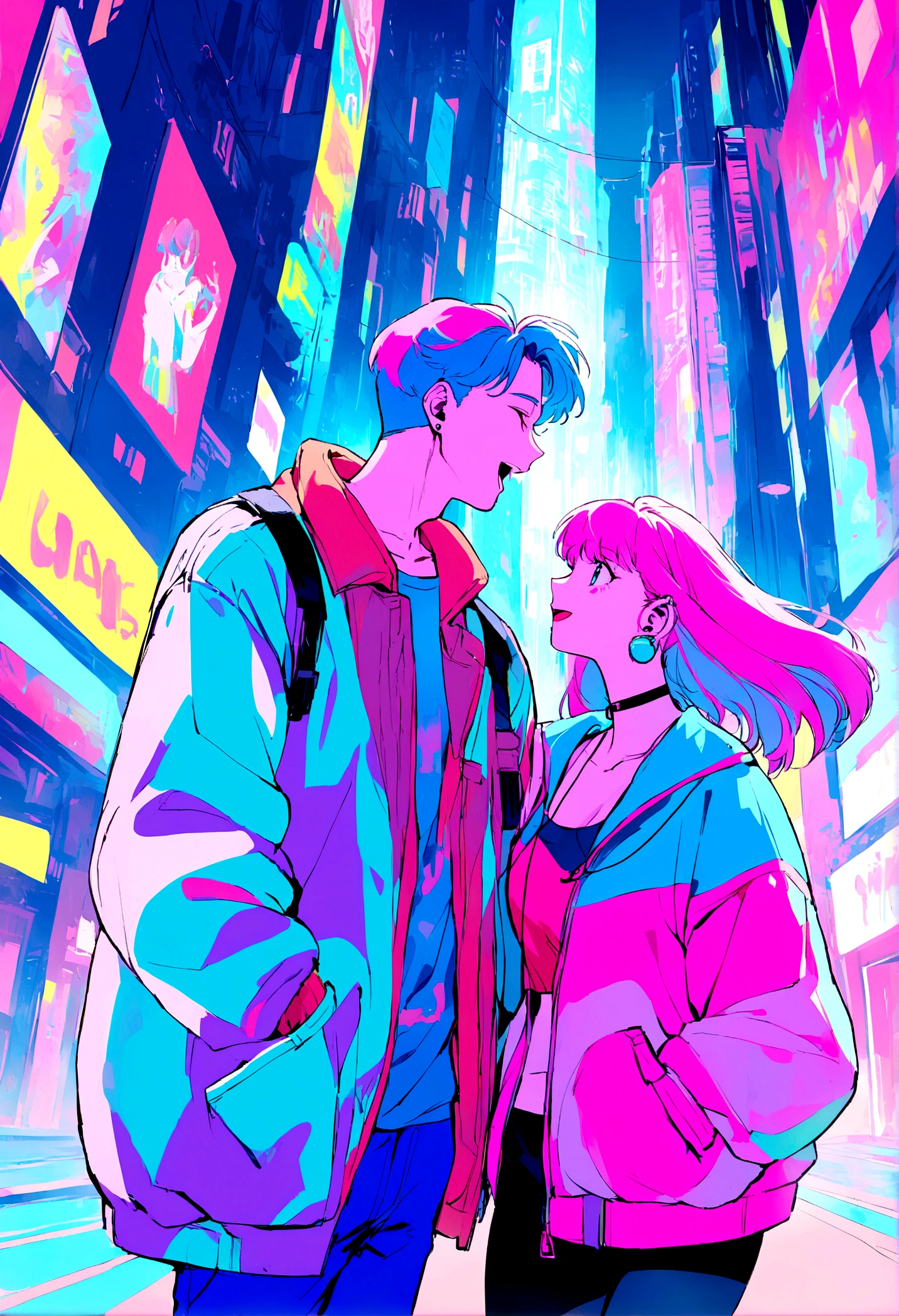 Pink and blue haired man and woman, soda, Inspired by 90s anime, Cyberpunk City, praise, colorful, listen to music, Pink Hair, Blue Hair、Couple