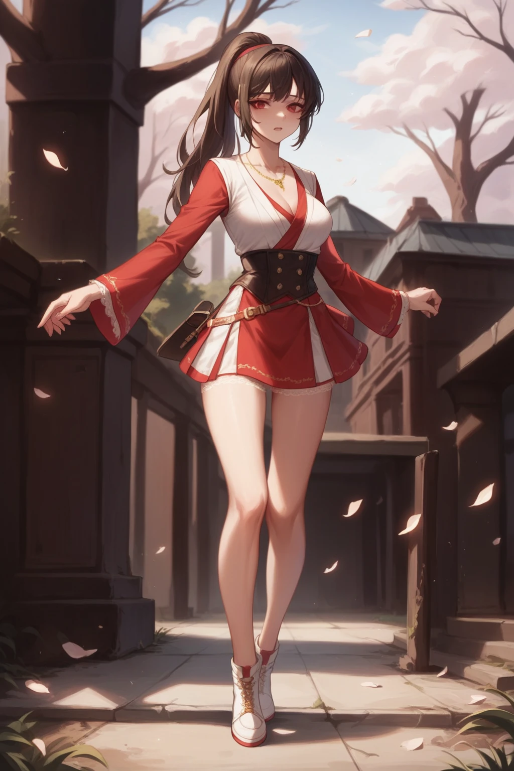girl, solo, full body, from head to toe, standing, (Huge_Breasts:1.3),
Wide lawn with vibrant green grass, bathed in warm sunlight, picturesque landscape, minimalist composition,
chiori, 1girl, brown hair, drill hair, hair ornament, hair flower, flower, red eyes, elbow gloves, short sleeves, wide sleeves, japanese clothes, kimono, pleated skirt,dress, black thighhighs,
this character is standing in kimono