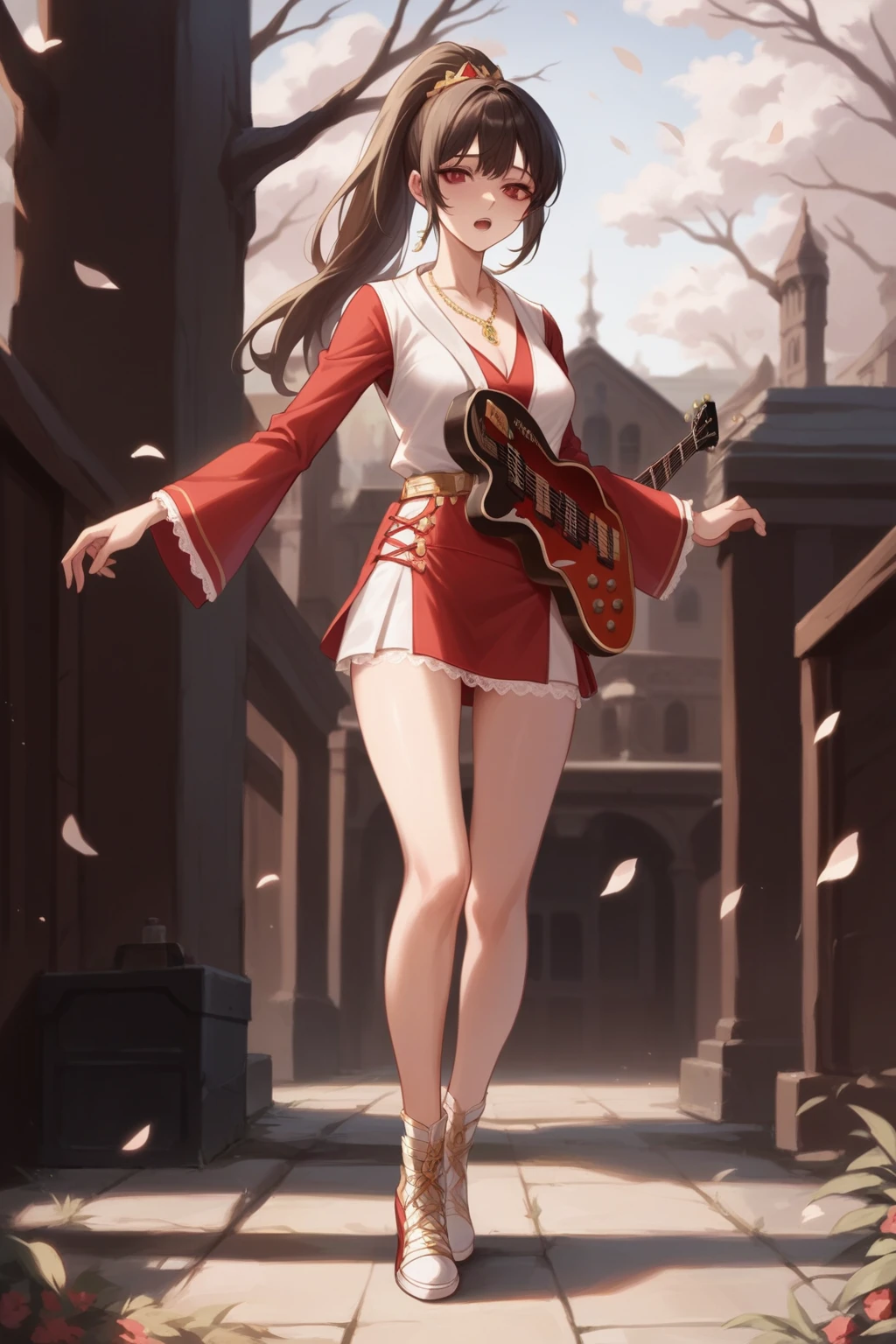 (masterpiece, best quality, Very detailed CG, Intricate details: 1.2), 8k wallpaper, (1 girl, Solitary: 1.4),
Guitar,
Ponytail, Gold hair accessories, Red and green necklace, Red and white outfit,Mini skirt,Lace skirt,Tulle texture,Penetrate the flesh,Looming