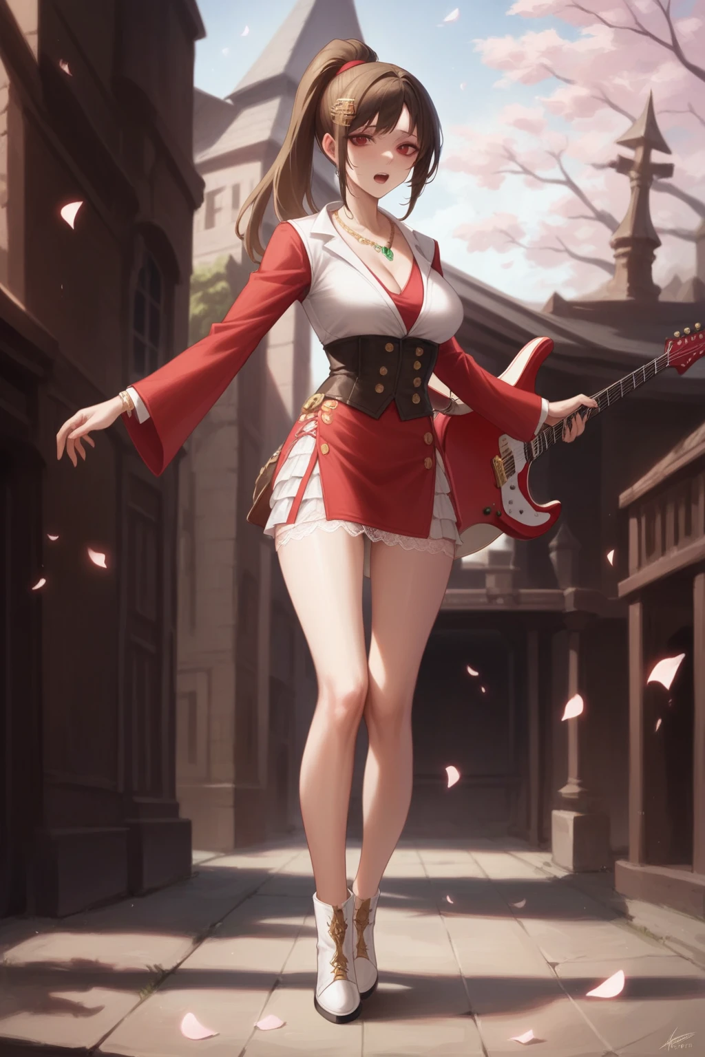 (masterpiece, best quality, Very detailed CG, Intricate details: 1.2), 8k wallpaper, (1 girl, Solitary: 1.4),
Guitar,
Ponytail, Gold hair accessories, Red and green necklace, Red and white outfit,Mini skirt,Lace skirt,Tulle texture,Penetrate the flesh,Looming