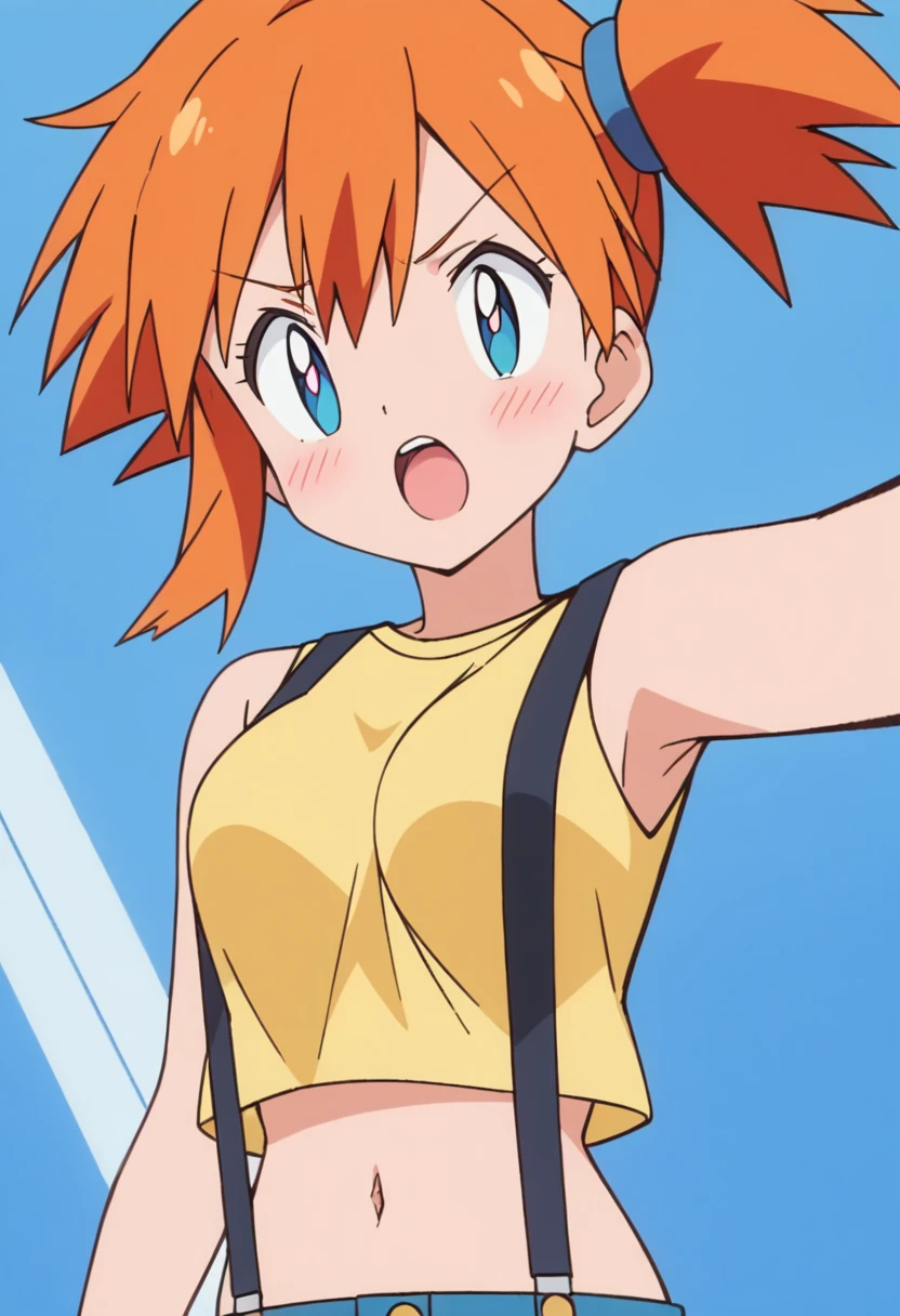 score_9, score_8_up, score_7_up, score_6_up, score_5_up, zPDXL2, max detail, 4k wallpaper, masterpiece, best quality, absurdres, highres, dynamic angle, dynamic pose, source_anime, PokemonStyle,  flat color,
1girl, solo, misty (pokemon), open mouth, orange hair, blue eyes, upper body, suspenders, side ponytail, breasts, teeth, blush, outline, shirt, short hair, yellow shirt, navel,blue background, simple background, sleeveless, bangs, looking to the side, upper teeth only, bright pupils, bare shoulders, sleeveless shirt,, tongue,mediumshot,selfie