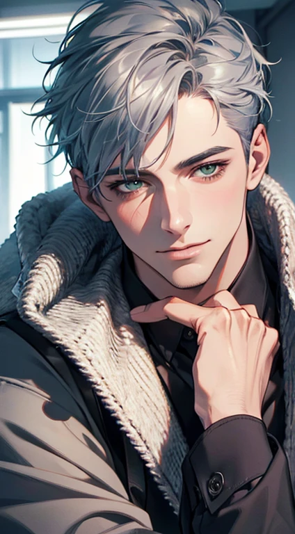 (Highest quality,4K,8K,High resolution,masterpiece:1.2),Super detailed,(Realistic,photoRealistic,photo-Realistic:1.37),1 person,31 years old,Mature Men,Beautiful skin、very handsome,Expressionless smile in love,Short gray blue hair,green eyes,Sharp Eyes,A perfect face without a doubt,Businessman,Office Background,Cinema Lighting,HDR image,tie、