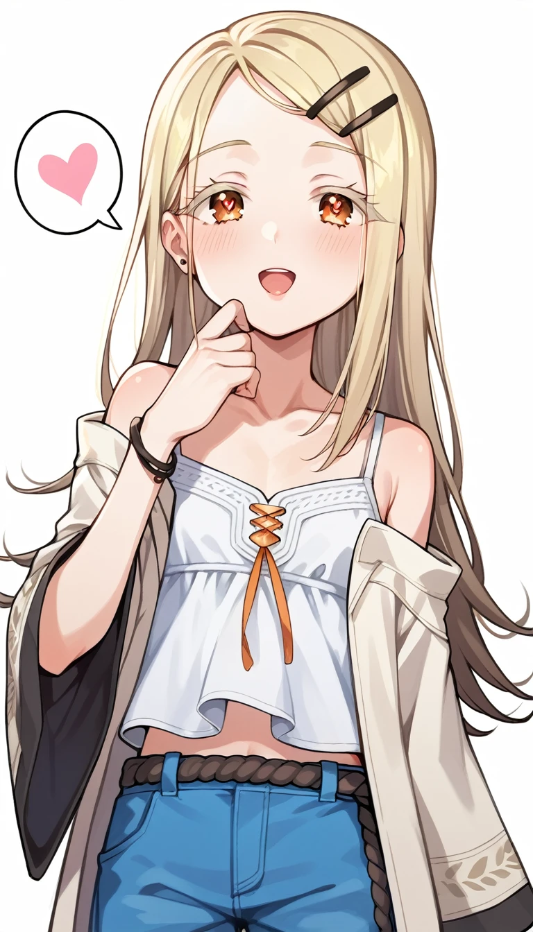 16k,score_9, score_8_up, score_7_up, source_anime, rating_safe,super detailed , hiro-default,shinosawa hiro,slender,orange eyes,white eyelashes,blonde hair,long hair,hairclip,white camisole,blue shorts,coat,wide sleeves,belt,, (heart eyes),(heart in eyes),spoken heart,open mouth,dutch angle,flat chest ,blush,beautiful face,beautiful eyes,details eyes,white background 